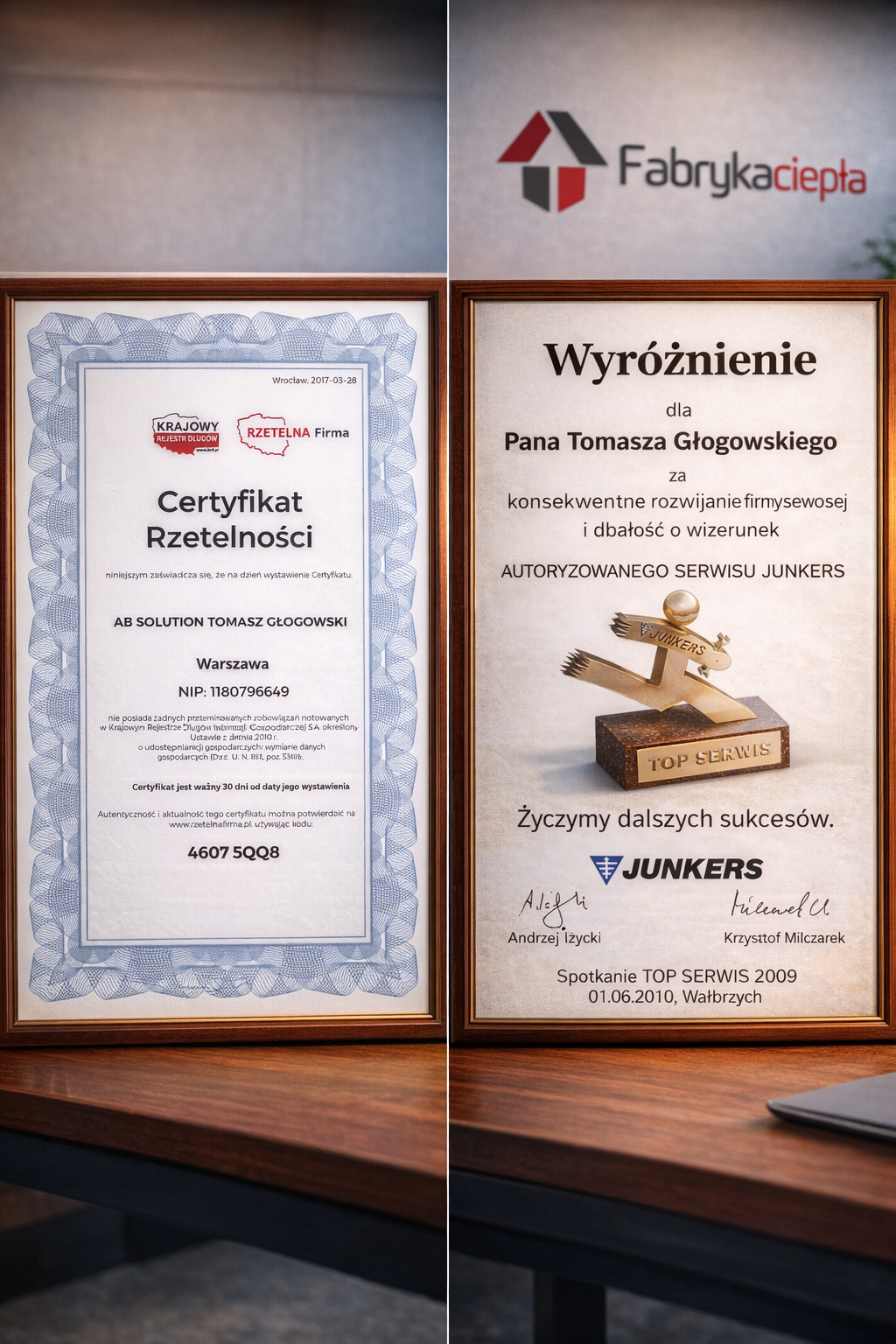 Certyfikaty i wyróżnienia Fabryki Ciepła - Certyfikat Rzetelności i wyróżnienie TOP Serwis Junkers