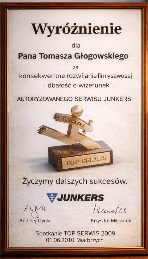 Dyplom Wyróżnienie TOP Serwis Junkers dla Tomasza Głogowskiego